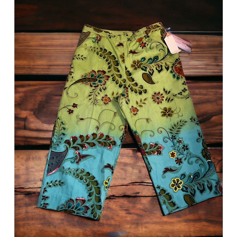 NWT Half Moon Bay Floral patterned Green Blue Ombre wide leg pants SIZE 16‎